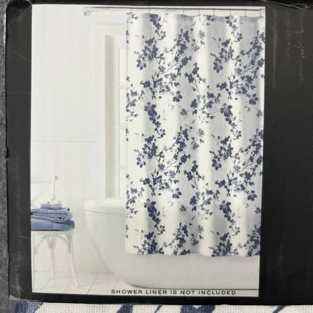 Lauren Ralph Lauren Shower Curtain Blue White Floral Cotton 70x72 Tailored Hem